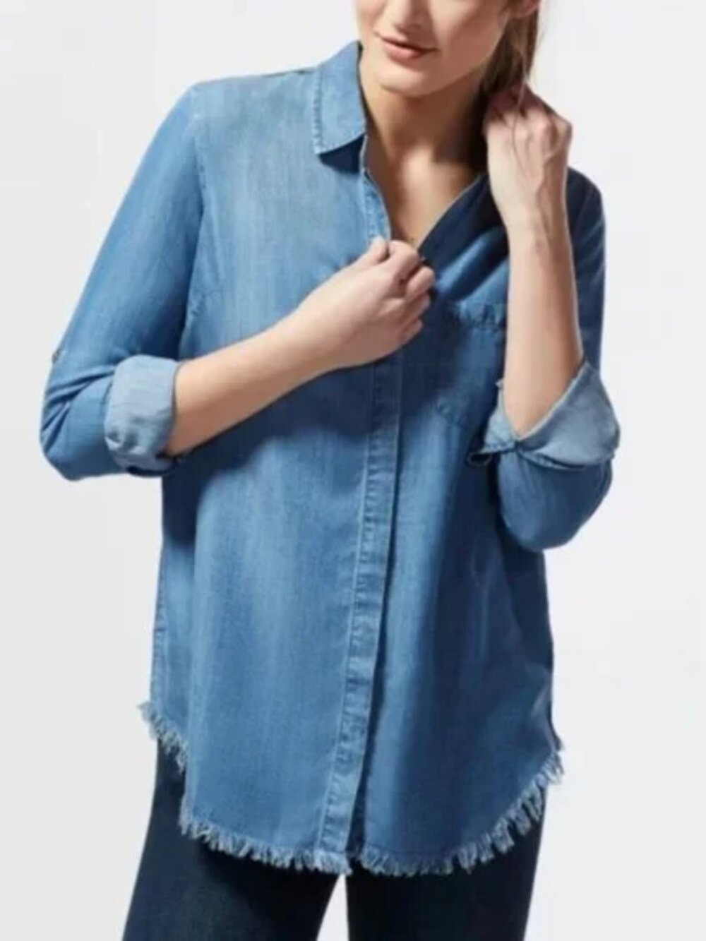 Beachlunchlounge Blue Chambray Raw Hem Button Down Split Back Shirt